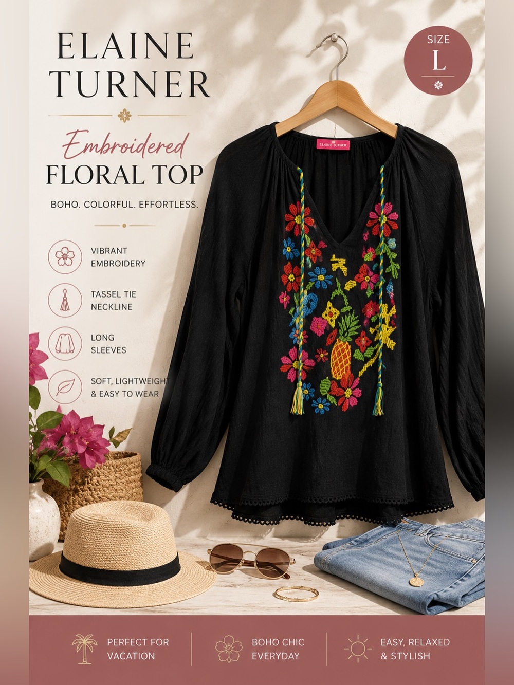 Elaine Turner Black Embroidered Floral Boho Peasant Blouse Size L